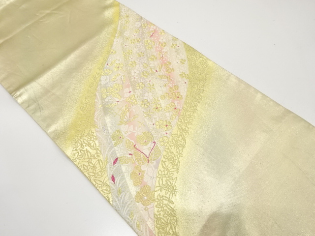 アンティーク　斜め縞に蝶・草花模様織り出し袋帯（材料）